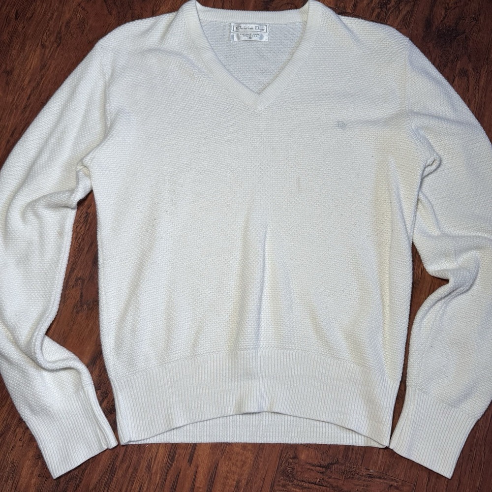 Vtg Christian Dior Men's Sweater White V-Neck Knit Pullover Size S USA Made